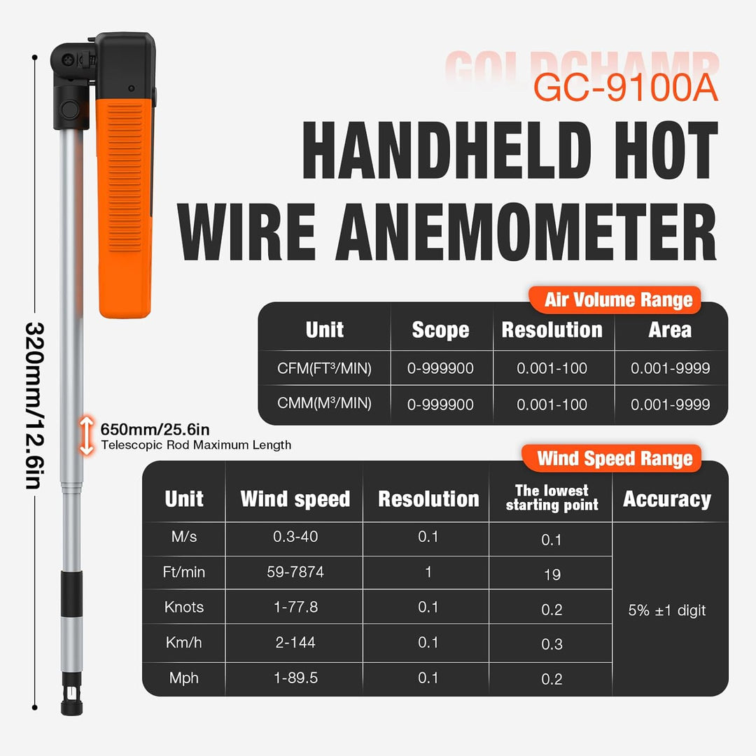 Heissdraht-Anemometer, Thermischer Anemometer mit 40 m/s und Bluetooth, Ausziehbare Stange 320–650 m
