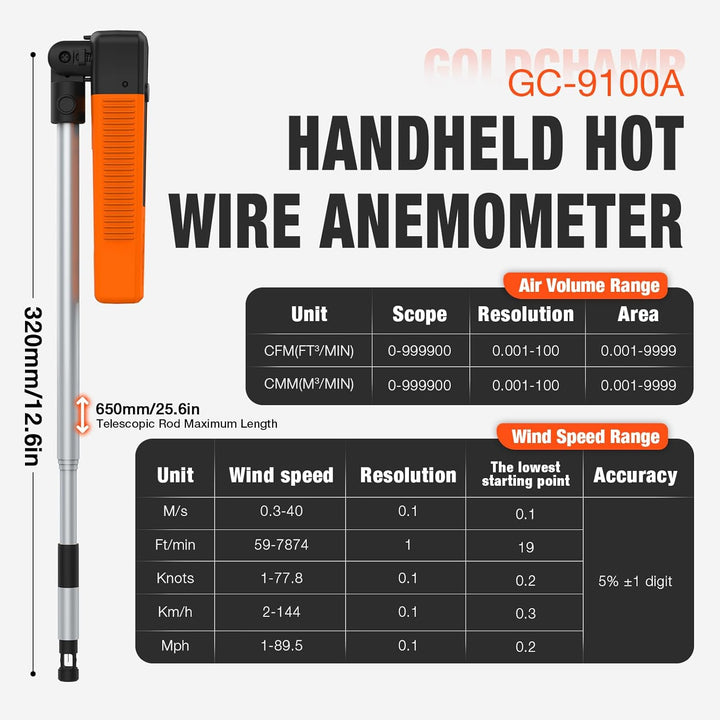 Heissdraht-Anemometer, Thermischer Anemometer mit 40 m/s und Bluetooth, Ausziehbare Stange 320–650 m