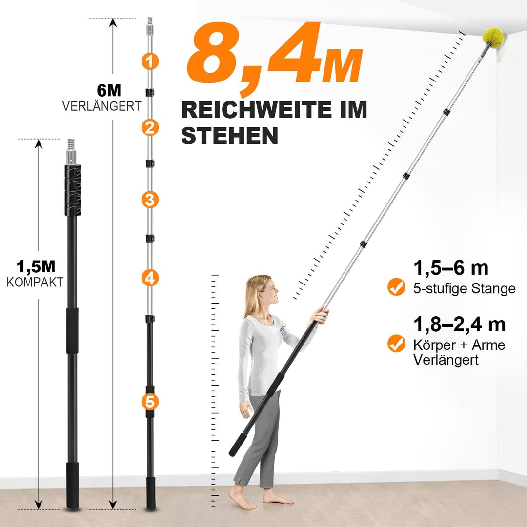 ARTIPOLY 6 m Staubwedel mit Teleskop Waschbar, 5-stufiger mit Borsten | 1,5–6 m Langer Staubwedel fü