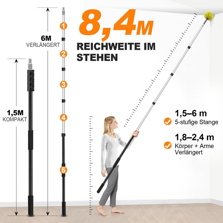 ARTIPOLY 6 m Staubwedel mit Teleskop Waschbar, 5-stufiger mit Borsten | 1,5–6 m Langer Staubwedel fü