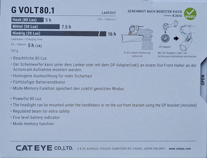CatEye GVolt 80.1 HL-EL561GRC – LED Frontlicht – 80 Lux – USB-C – StVZO-konform