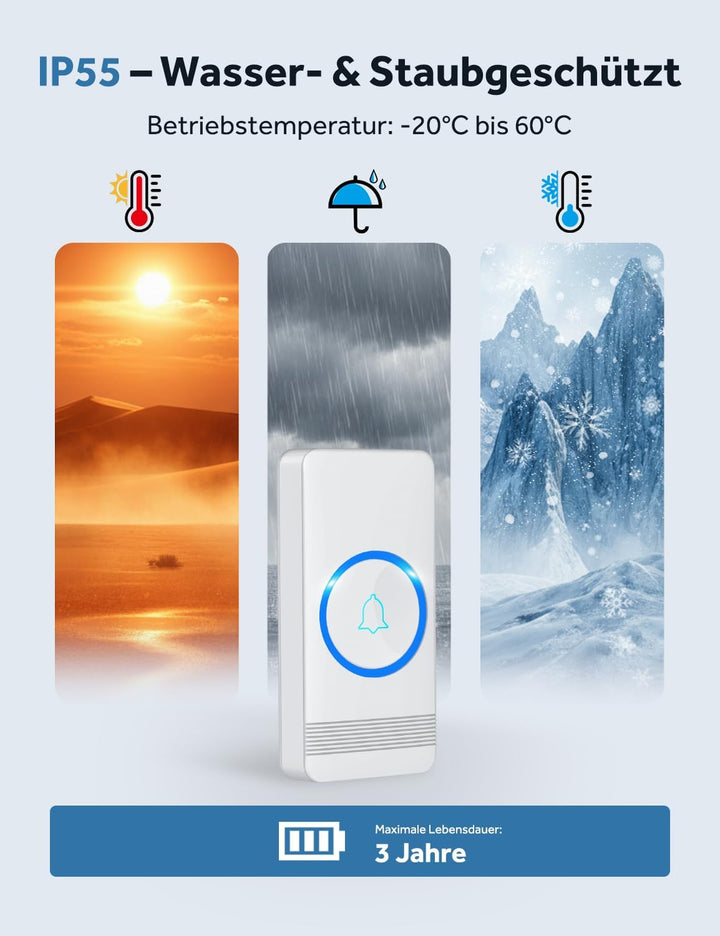 Funkklingel, AVANTEK Türklingel Funk Set, 400m Reichweite IP55 Aussen Wasserdicht Haustür Klingel mi