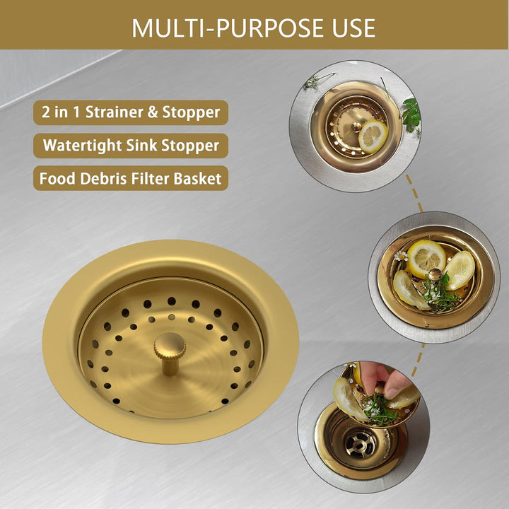 Küchenspüle Abfluss Gold Spülbecken Abflusssieb mit festem Pfosten 8,9 cm Küchenablauf Montage mit S