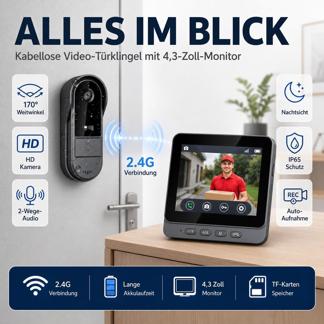 TKMARS Video Türklingel Kabellos Videotürklingel mit Monitor 170°Türklingel mit Kamera Unterstützt B