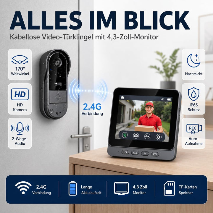 TKMARS Video Türklingel Kabellos Videotürklingel mit Monitor 170°Türklingel mit Kamera Unterstützt B