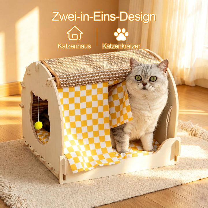 Katzenhaus aus Holz, 2-in-1 Katzenhaus mit Kratzbrett, Haustierhäuser, Katzenhöhle mit Kissen, Katze