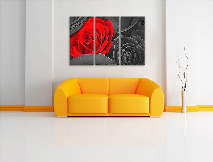 romantische rote Rosen schwarz/weiss Deluxe 3-Teiler Leinwandbild 120x80 Bild auf Leinwand, XXL ries