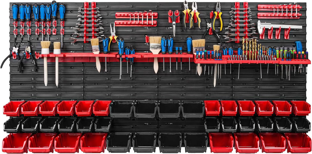 Lagersystem Werkstattregal | 156 x 78 cm | 40 stck. Box | Wandregal mit Werkzeughalterungen und Stap