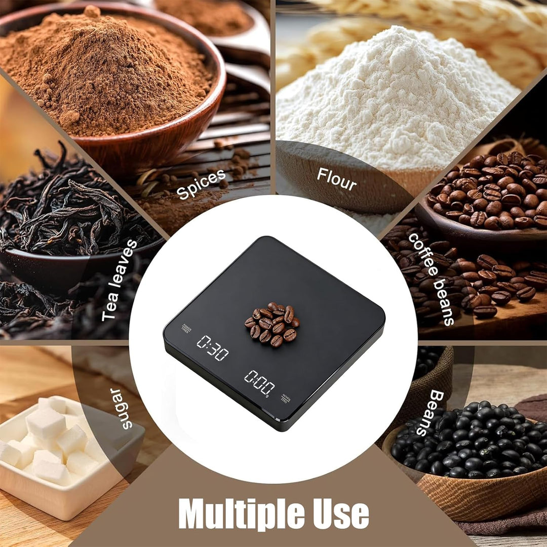 Kaffeewaage mit Timer, 3kg/0.1g Wiederaufladbare Digitale Küchenwaage, Tragbar mit LED-Anzeige & Aut