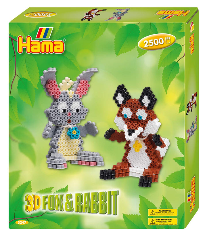 Hama Perlen 3247 Geschenkset 3D Fuchs und Hase mit ca. 2.500 Midi Bügelperlen, Motivvorlage und Stif