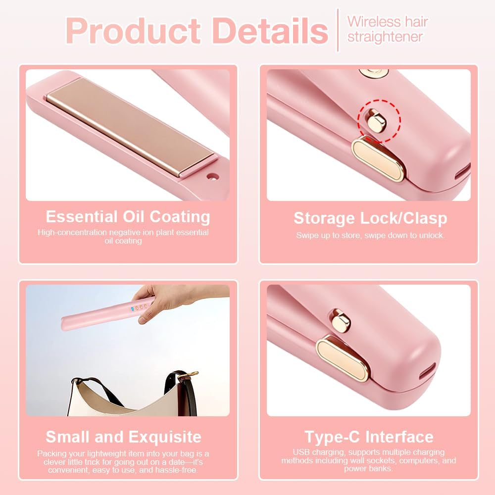 2 In 1 Mini Glätteisen Kabellos und Lockenstab, Hair Straightener, 4 Temperaturen, Wiederaufladbare