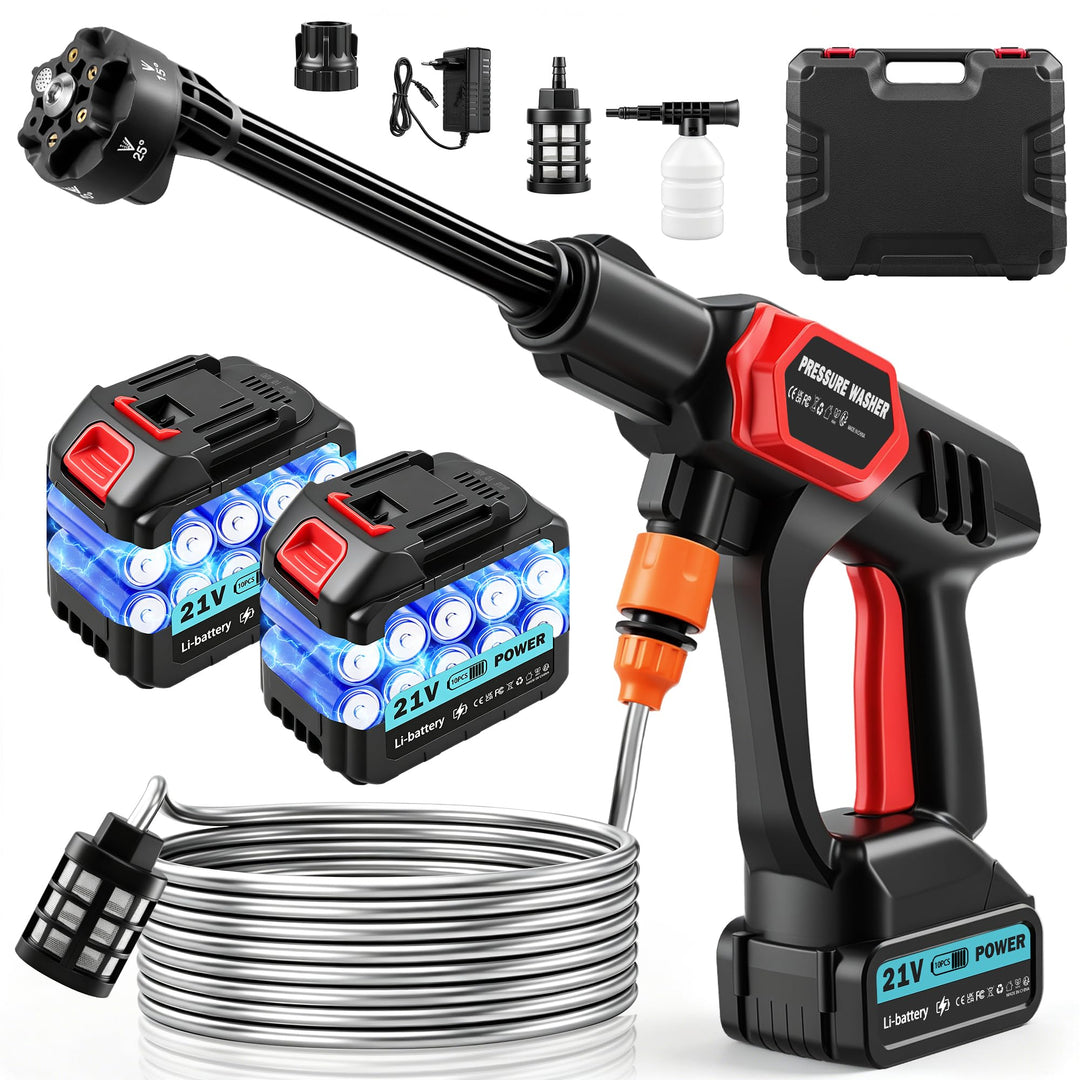 Akku Hochdruckreiniger, 21V 80Bar Mobile Akku-Hochdruckreiniger, mit 2 Akku, 6-in-1-Multifunktionsdü