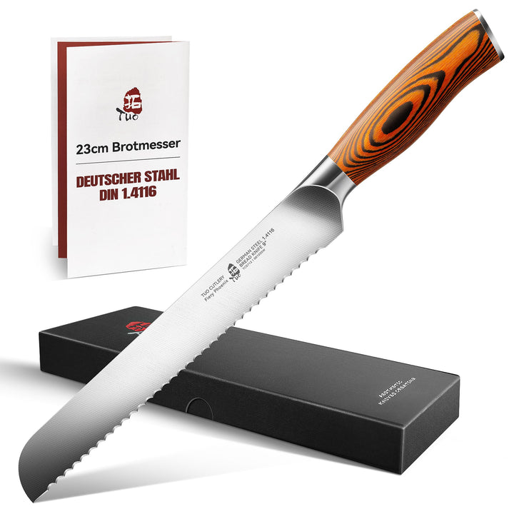 TUO Brotmesser mit Wellenschliff Klingenlänge 23cm, Scharfes Brotschneidemesser aus Deutschem Edelst