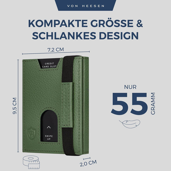 VON HEESEN Leder Slim Wallet - Geldbeutel mit RFID Schutz - Mini Geldbörse für Herren und Damen - Ka