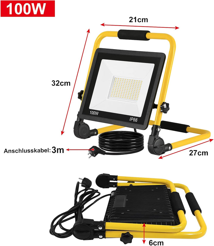 LED Flutlicht Baustrahler Tragbare 100W Warmweiss - inkl. Standgestell und Tragegriff- Aussenleuchte