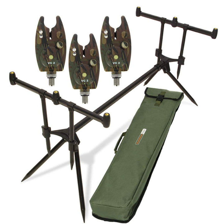 G8DS® Set Rod Pod Rutenhalter + Tragetasche inklusive 3 Bissanzeiger mit Lautstärke- und Tonregler f
