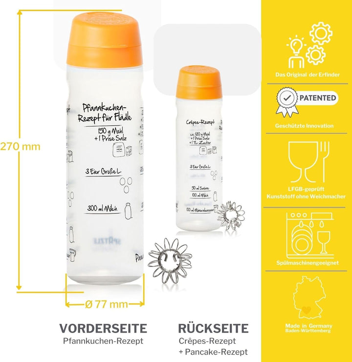 Pfannkuchen-Shaker (875ml, orange) einfach Teig machen und portionieren mit Rezeptaufdruck für Crêpe