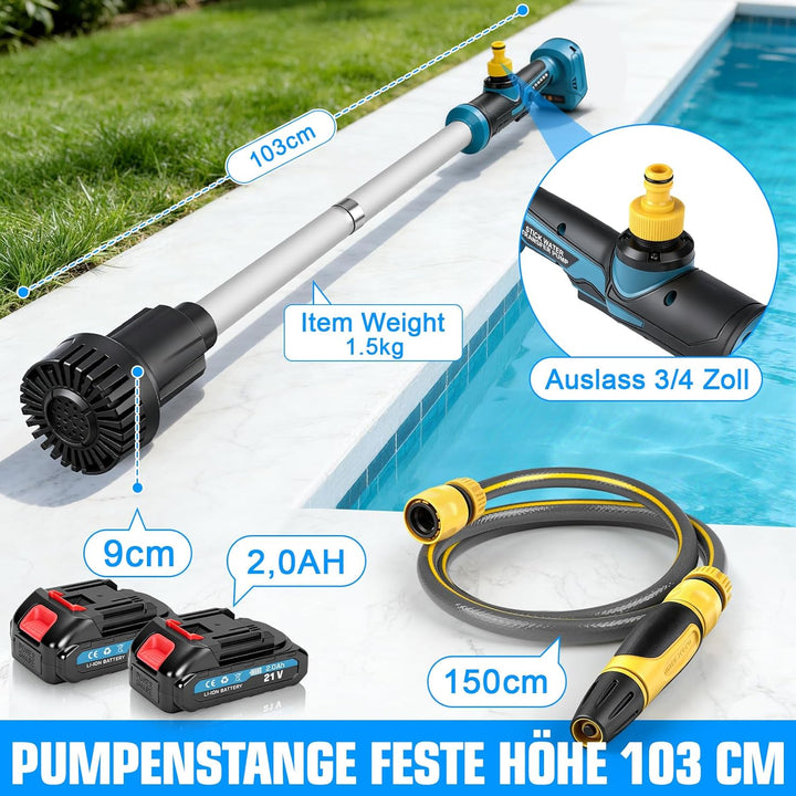 Kabellose Stab-Wassertransferpumpe 18V mit 2x2.0Ah Akkus, Akku Regenfasspumpe 3000 L/h, 6m Förderhöh