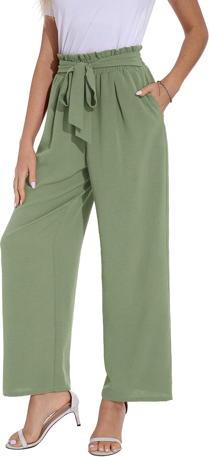 PrinStory Damen Hose Mit Weitem Bein Leichte Elastische Taille Sommer Hose Mit Taschen Kausale Arbei