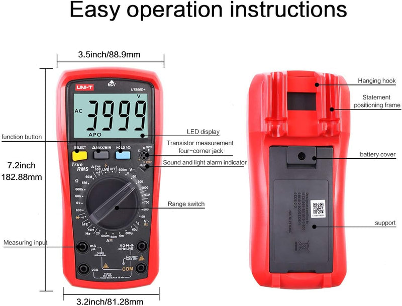 Multimeter UNI-T UT890D+ Effektivwert Voltmeter Amperemeter Ohmmeter AC/DC-Zählerstrom Spannungswide