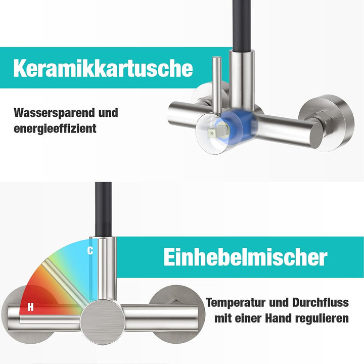 CREA Wandarmatur für Küche mit Schwarzer 360° flexibler Silikon Weichschlauch, Einhebelmischer Küche