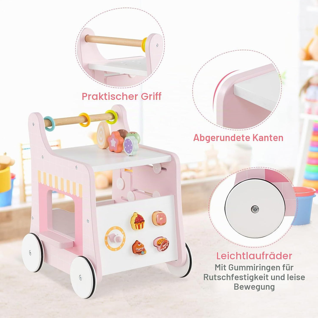 DREAMADE Lauflernwagen Holz, 6-in-1 hölzerne Lauflernhilfe, Baby Walker mit Blöcken &amp; Zubehör, Lernl