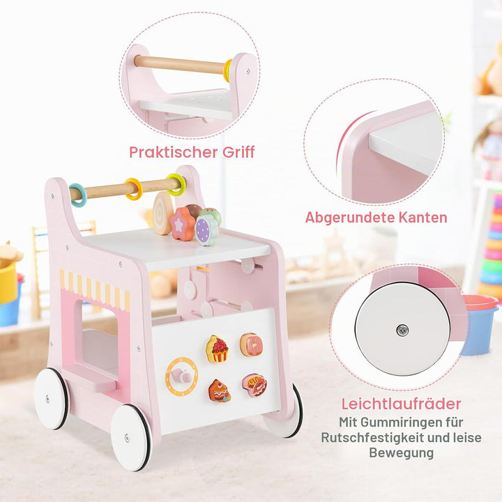DREAMADE Lauflernwagen Holz, 6-in-1 hölzerne Lauflernhilfe, Baby Walker mit Blöcken &amp; Zubehör, Lernl