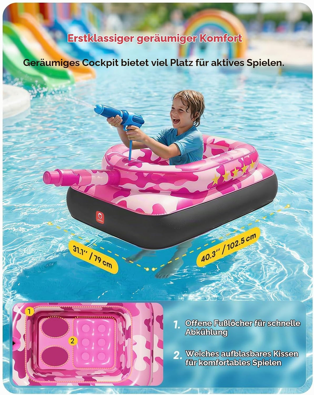 QPAU Kinder-Panzer-Pool-Schwimmring mit Wasserkanone, 0,35 mm extra dicke aufblasbare Pool-Spielzeug