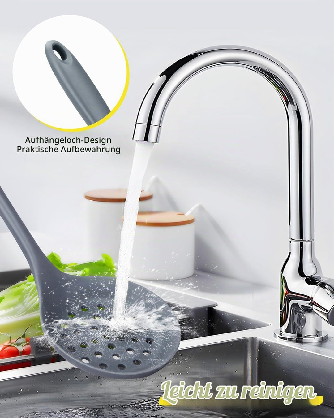 3 Stück Silikon-Küchenutensilien-Set, Suppenkelle-Nudelgabel-Schlitzlöffel, Antihaft-BPA-frei, Hochh