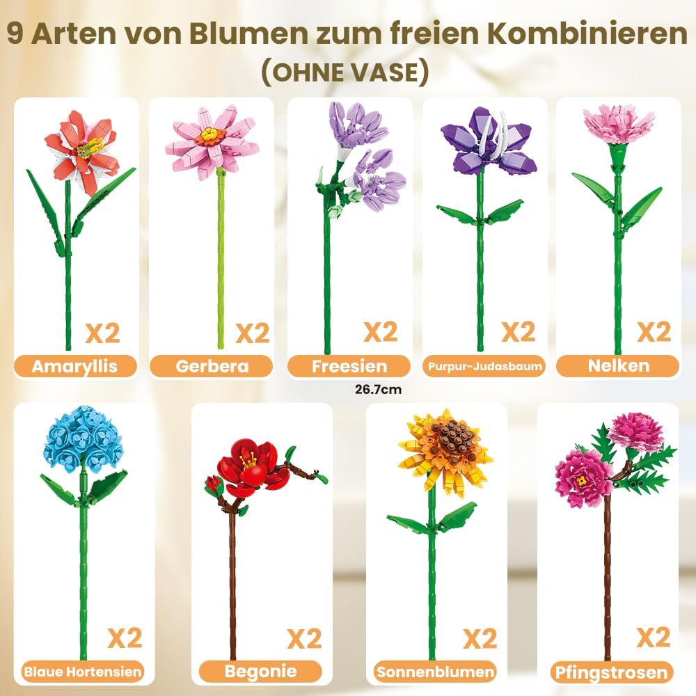 DTYDECLE 18 Blumen Bauspielzeug für Erwachsene, 2180 Stück Blumen Bouquet Building Blumenstrauss Bau