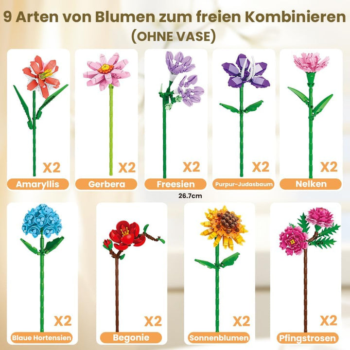 DTYDECLE 18 Blumen Bauspielzeug für Erwachsene, 2180 Stück Blumen Bouquet Building Blumenstrauss Bau