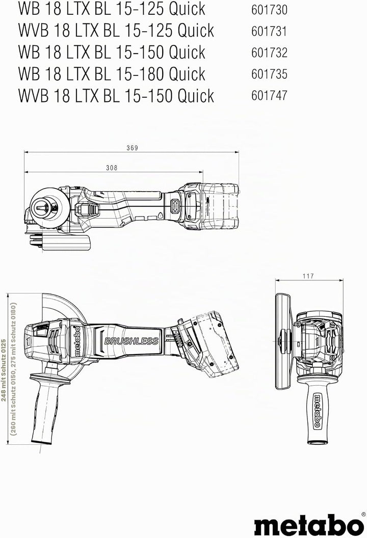 metabo Akku-Winkelschleifer WB 18 LTX BL 15-180 Quick, 18V Trennschleifer | Bürstenloser Motor, 180
