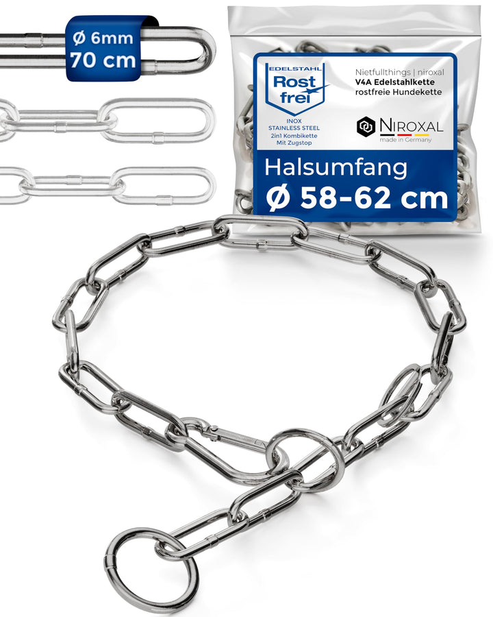 rostfreie Kombikette für Hunde - das ORIGINAL mit Zugstop - Edelstahl Hundekette Kettenhalsband lang