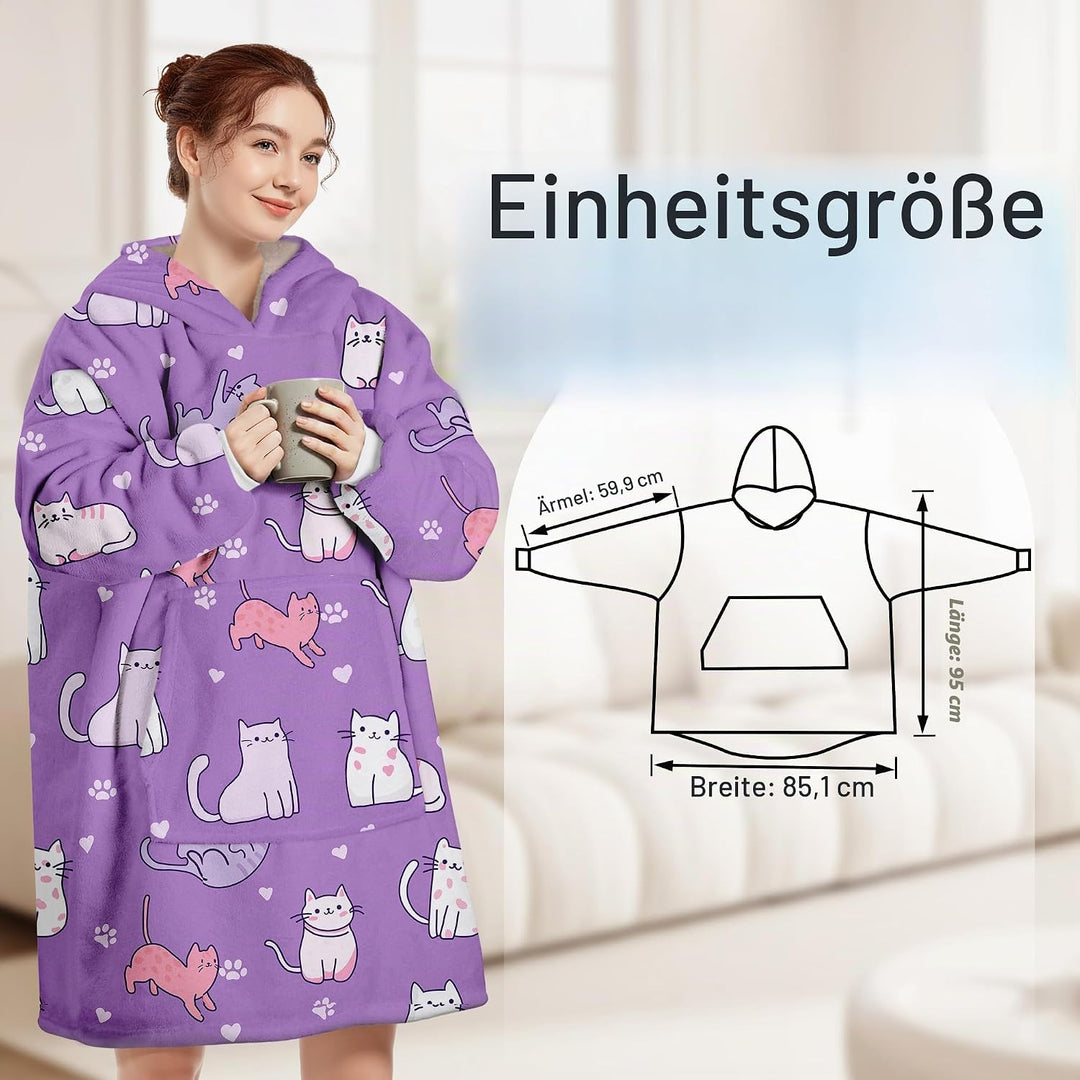 Hoodie Decke Oversize Katze Lila mit Ärmeln Kuscheldecke Deckenpullover für Damen Herren, Tragbare D