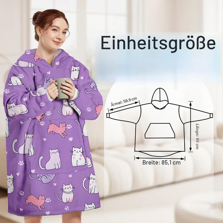 Hoodie Decke Oversize Katze Lila mit Ärmeln Kuscheldecke Deckenpullover für Damen Herren, Tragbare D