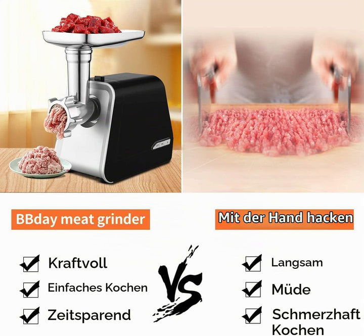 COOCHEER 2000W Elektrischer Fleischwolf, 3-in-1 Edelstahl Fleischmaschine mit 3 Lochscheiben, Wurstf