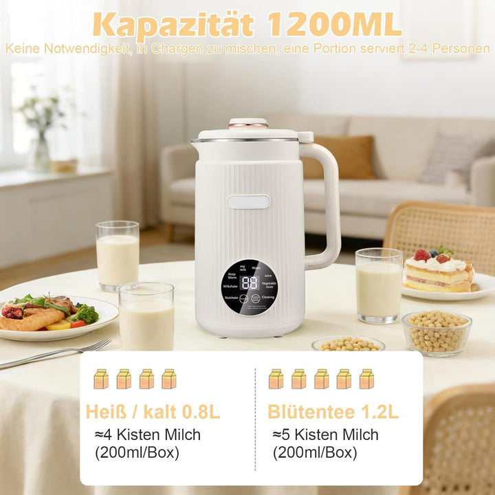1200ml Sojamilch Maschine,Nussmilchmaschine 8-in-1, Automatische Mandelmilchmaschine mit 12 Klingen