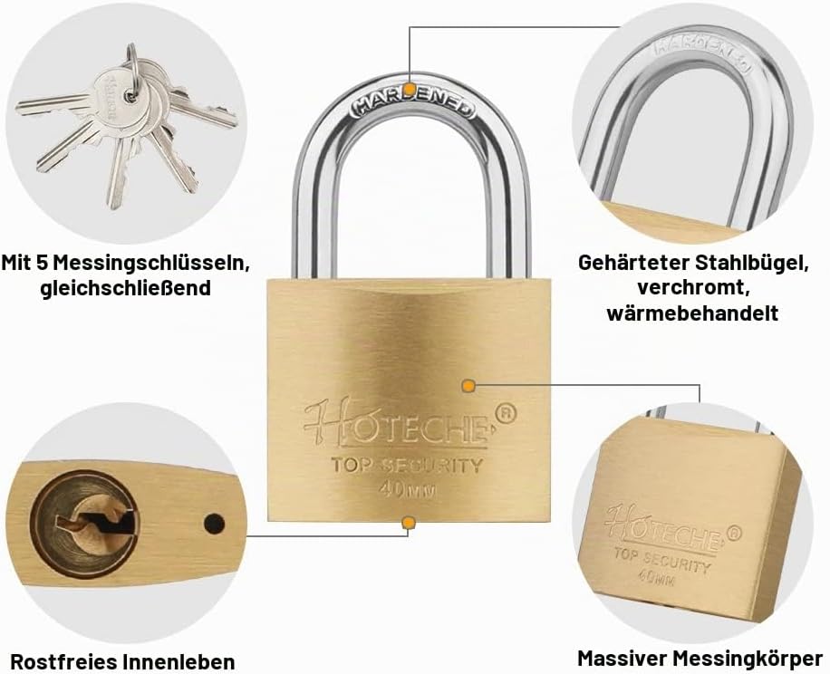 Hotehce 4Pcs Messing Vorhängeschloss Set 40MM Feste Messing Vorhängeschlösser Keyed Ähnlich Heavy-Du