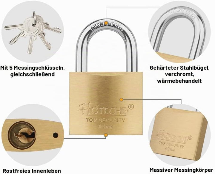 Hotehce 4Pcs Messing Vorhängeschloss Set 40MM Feste Messing Vorhängeschlösser Keyed Ähnlich Heavy-Du