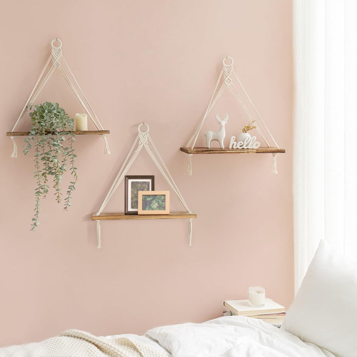 Mkono Makramee Hängeregale Boho Wanddekoration 3er Set Rustikales Holz Schweberegal für Schlafzimmer