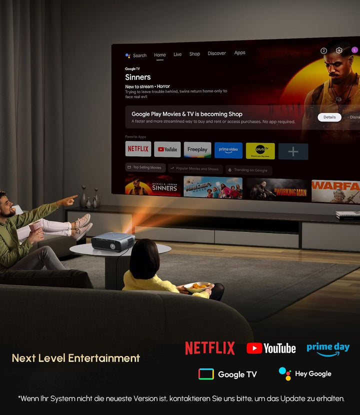 Beamer 4K mit Google TV, 2400 ANSI Tageslicht Beamer 4K Heimkino mit Tof AutoFokus DD+ HDR10+ AI Coo