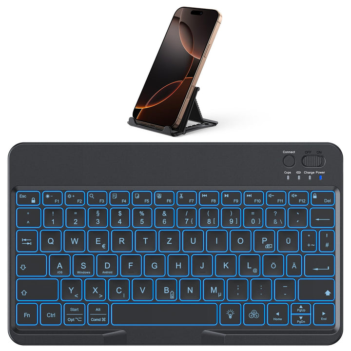 OMOTON Bluetooth Tastatur für iOS/Android/Windows mit Telefonhalter, iPad Tastatur mit Hintergrundbe