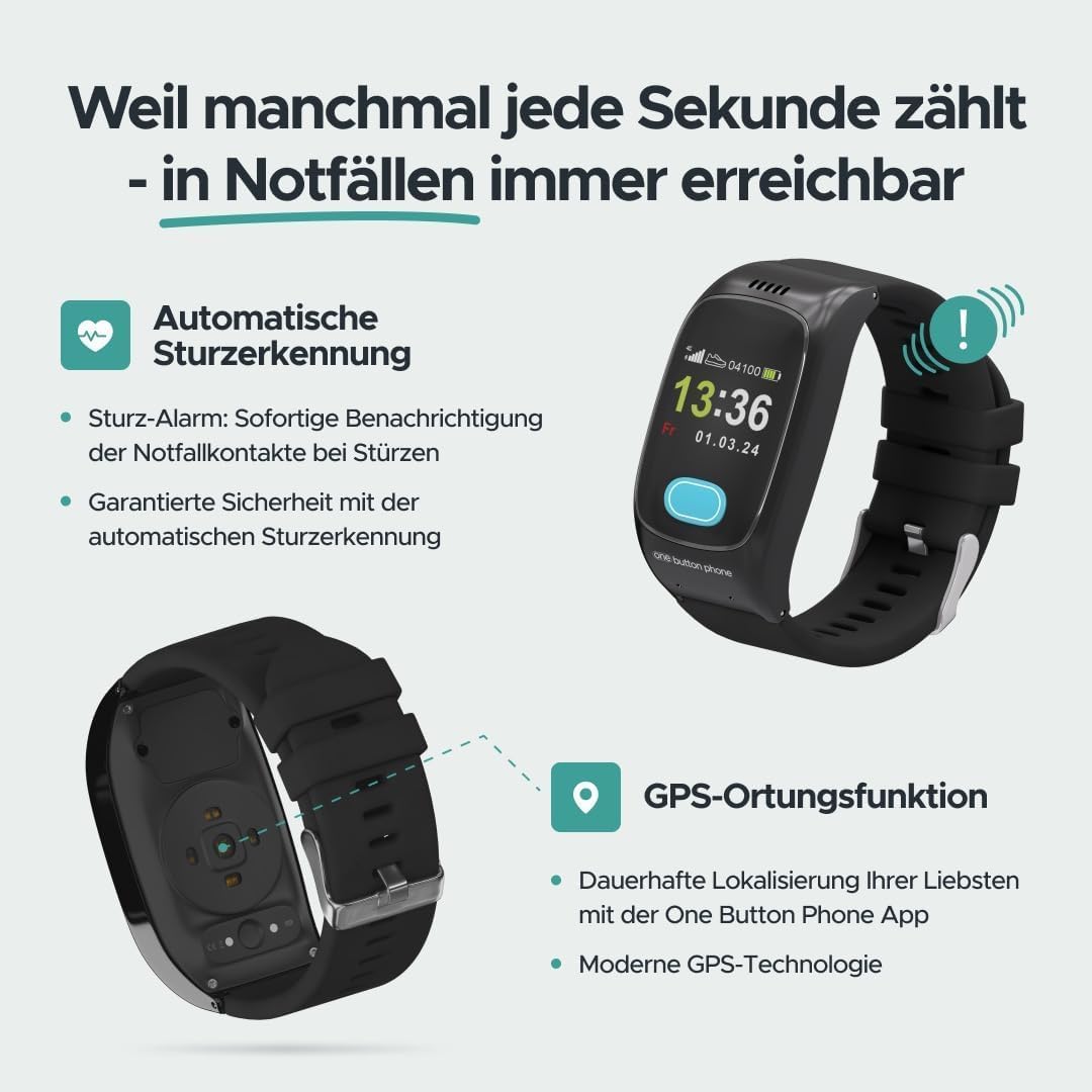 Modell 2024 &amp; original Displayschutzfolie - Notfall- &amp; Sicherheitsuhr Senioren, Notrufknopf, SOS-Fun