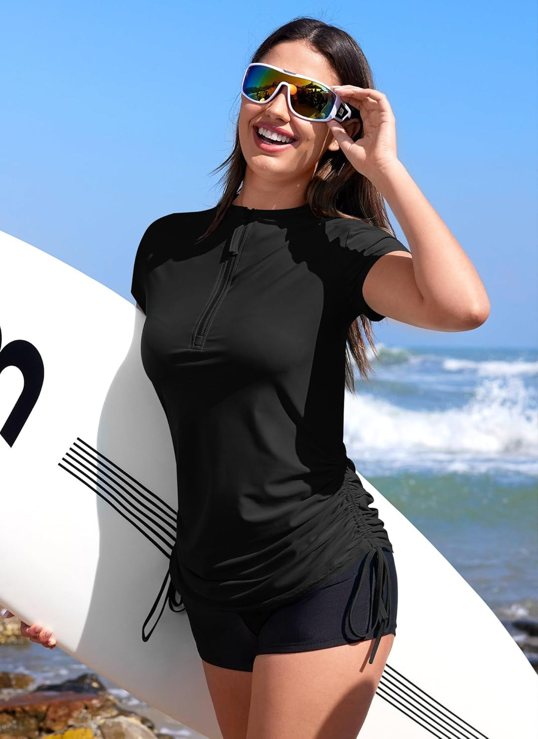 BesserBay Damen Surf Shirt Bademode Rash Guard UV Shirts mit Kurzarm und 1/4 Zip Surf Shirt Schwimme