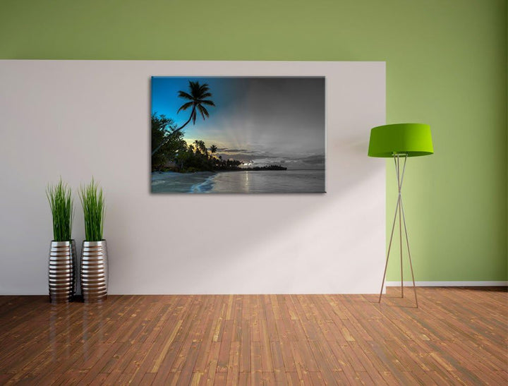 schöner Strand beim Sonnenuntergang schwarz/weiss Format: 100x70 auf Leinwand, XXL riesige Bilder fe