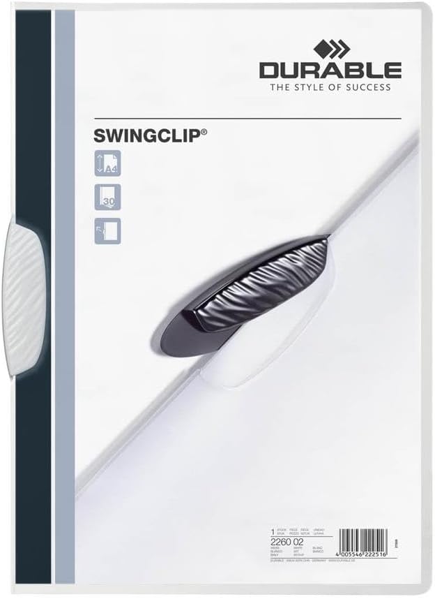 Durable Klemm-Mappe Swingclip aus PP, bis zu 30 Blatt A4, weiss, 25er Packung, 226002, weiss