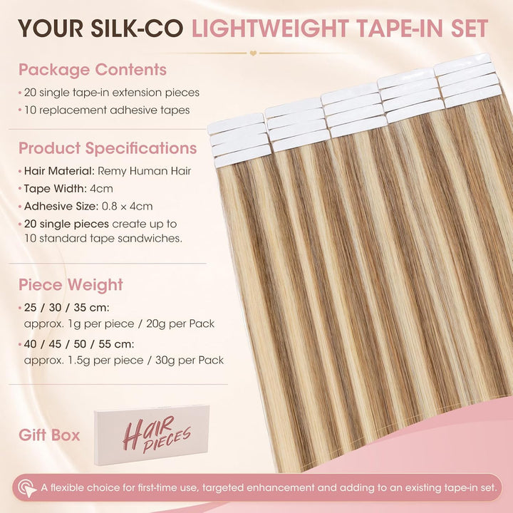 Silk-co Tape Extensions Echthaar 30g, leicht Version Tape in Extensions Echthaar 20pcs, Remy Invisib