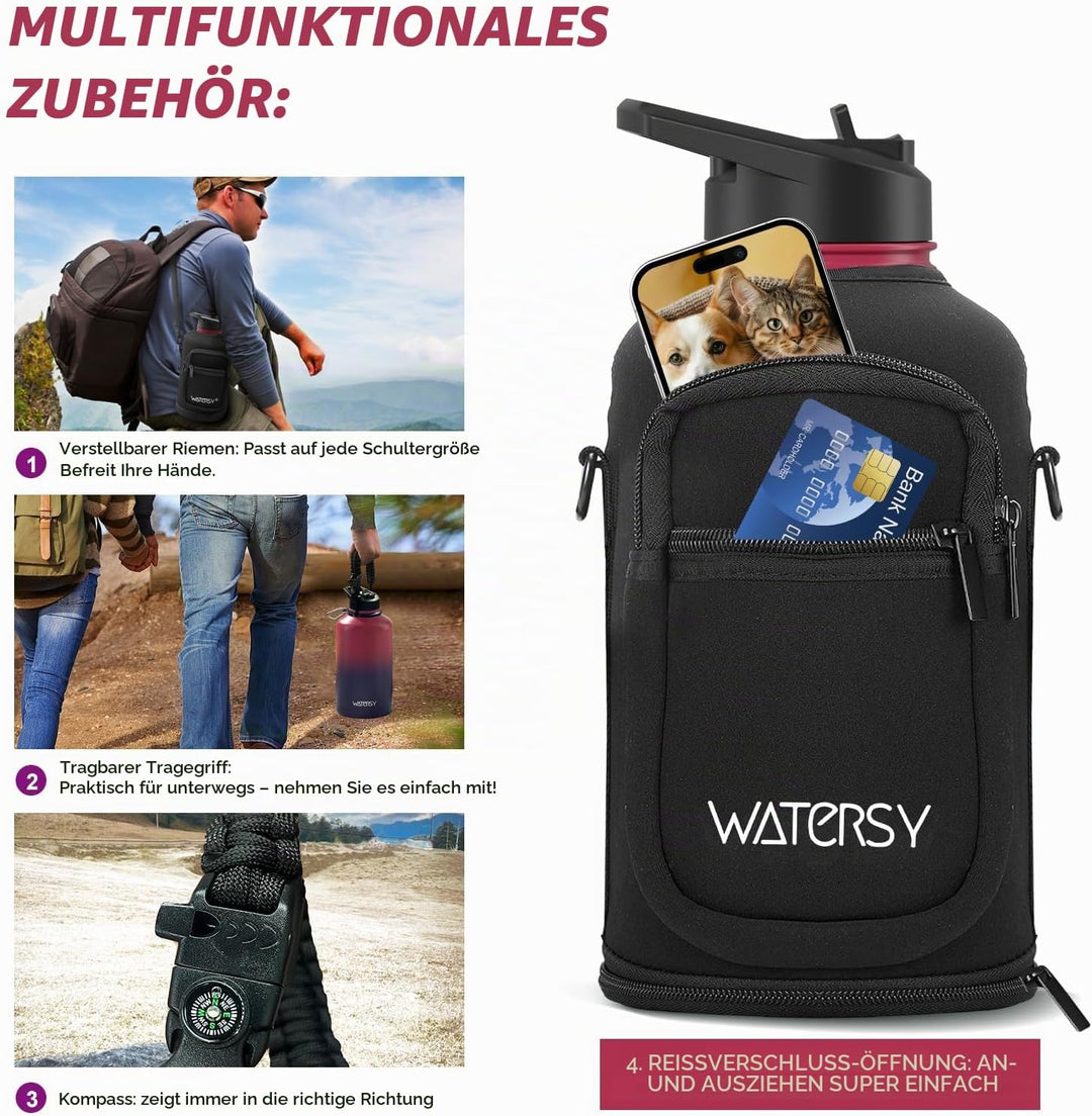 WATERSY Isolierte Edelstahl Trinkflasche 64oz Vakuumisolierte Thermosflasche mit 2 Deckel Auslaufsic