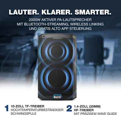 Alto Professional TS410– 2000W 10" Aktiver PA-Lautsprecher mit 3- Kanal Mixer, Bluetooth-Streaming,