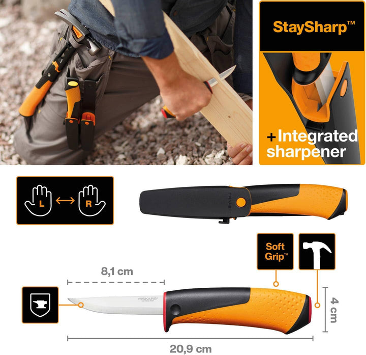 Fiskars Handwerkermesser inklusive Holster mit integriertem Messerschärfer, Gesamtlänge: 20,9 cm, Sc